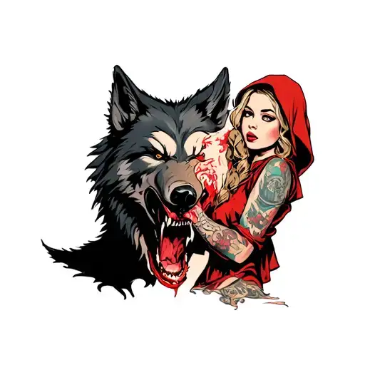 Red Riding Hood Pin Up Girl Holding The Big Bad Wolf's Severed Head Off To Her Side