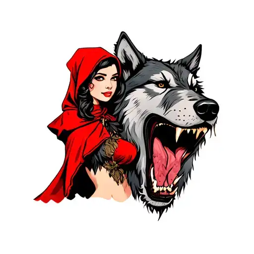 Red Riding Hood Pin Up Girl Holding The Big Bad Wolf's Severed Head Off To Her Side
