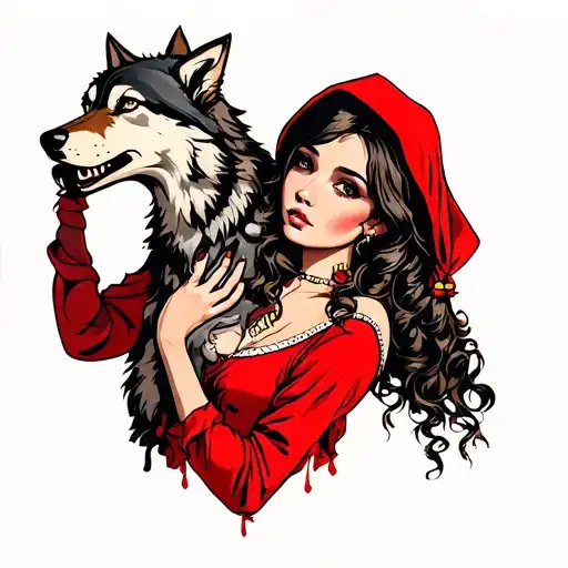 Red Riding Hood Pin Up Girl Holding The Severed Head Of The Wolf By Its Ear