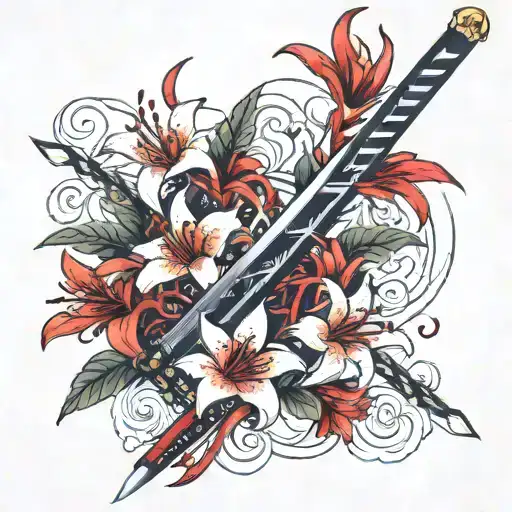Katana Sword All Around Wraped Red Spider Lily Flowers