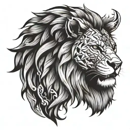 Lion Face Drawing Half Geometrical Accents Black And White