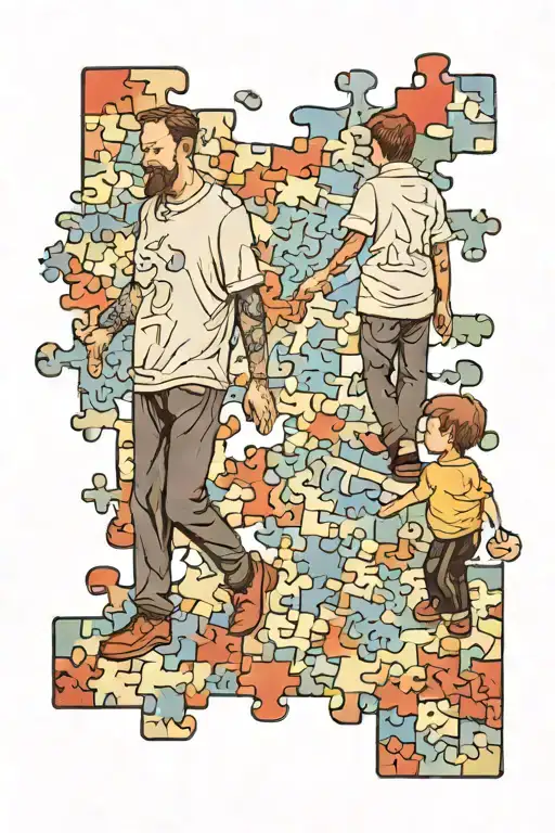 Father And Son Walking In A Puzzle Pieces Road Sign Of Autism