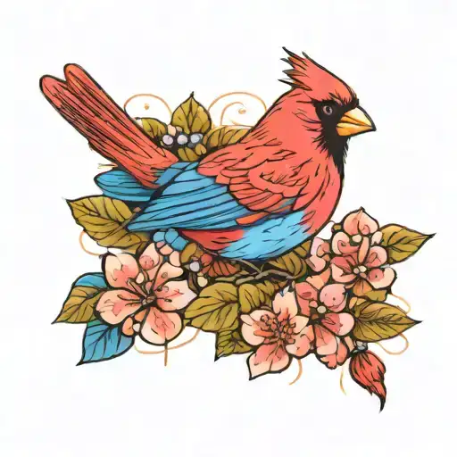 Bright Red Cardinal Sitting On A Bright Blue Hydrangea
