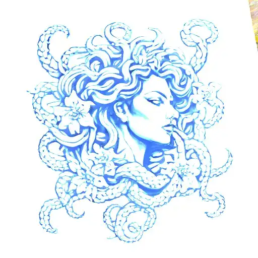 Realistic Medusa With Folwers In Black And Grey