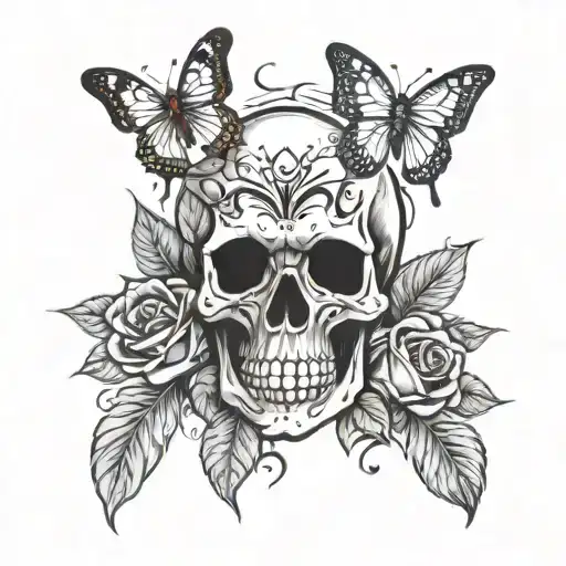 Skull And Roses With Butterflies And Hearts Card