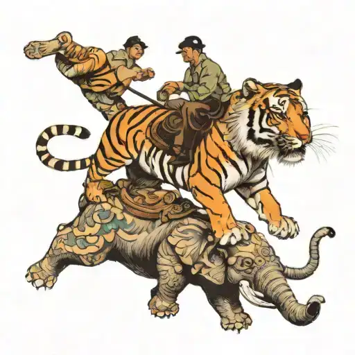 Tiger Leaping Upwards At A Poacher Sitting On Top Of An Elephant