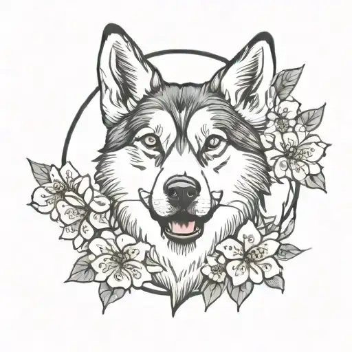Cherry Blossom And Husky Dog