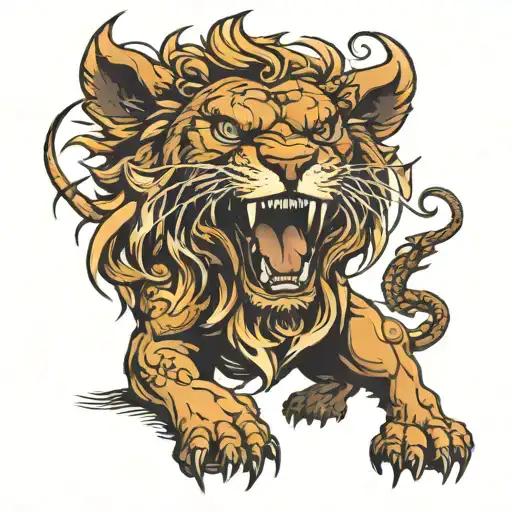 Lion About To Bite The Head Off Of A Dragon