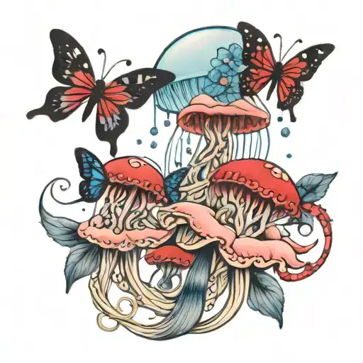 Jellyfish With Red And Black Butterflies And Blue And Pink Flowers