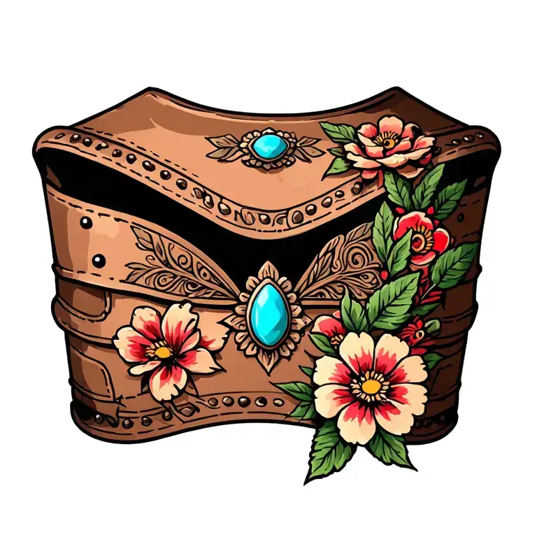 Western Tooled Leather Chest Shoulder Tattoo With Turquoise And Some Flowers Delicate Look For Women