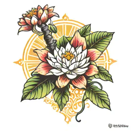 Sun Palm Tree And Water Lily