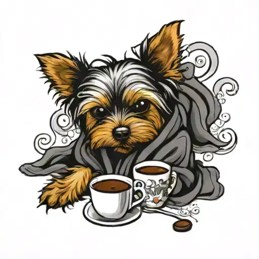 Yorkie Dog In A Bathrobe With A Cup Of Coffee