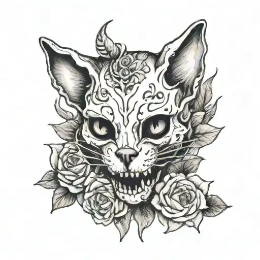 Cat Skull With Death Bells And Lotus