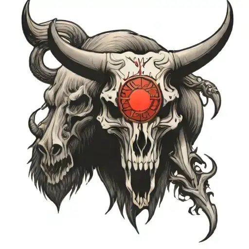 Bear And Bull Skull In Front Of A Red Sun