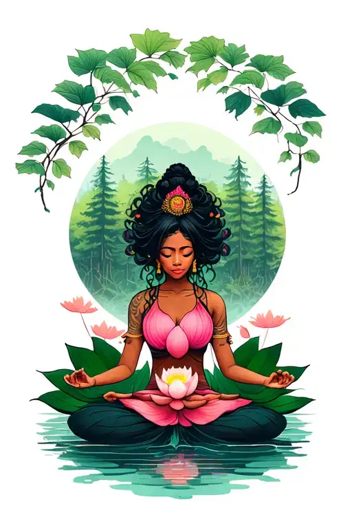 A Meditating Black Woman Sitting In An Open Lotus Flower On Top Of A Forest Scene