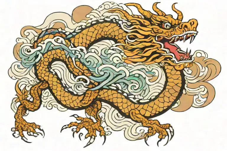 Japanese Dragon And Waves Flowing