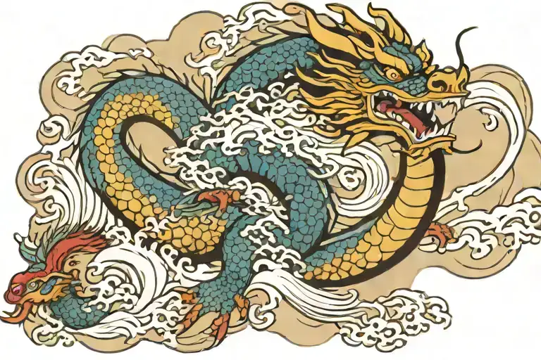 Japanese Dragon And Waves Flowing