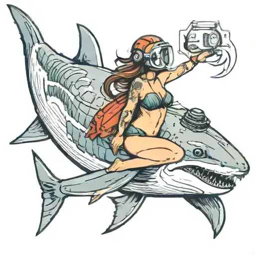 Woman In Bikini With Diving Helmet Riding A Giant Shark