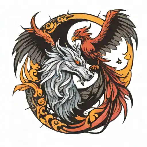Pheonix And Wolf Representing Sun And Moon Diagonal