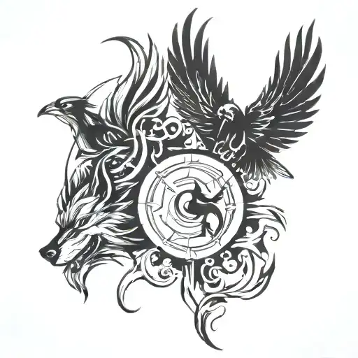 Forearm Tattoo Pheonix And Wolf Representing Sun And Moon Diagonal