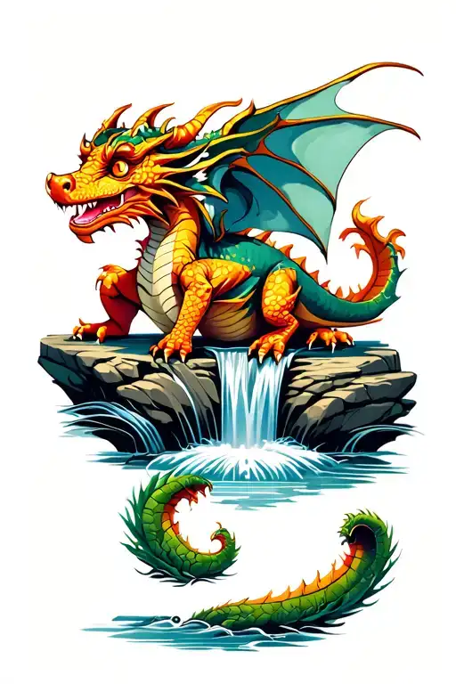 Baby Dragon On Rock With Waterfall Flowing