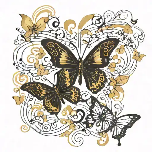 Black Butterfly And Gold Butterfly Tattoo Design Incorporating Musical Notes