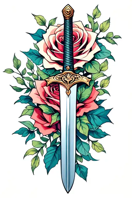 A Minimalist Design Of The Mulan Family Sword Intertwined With A Rose From Beauty And The Beast