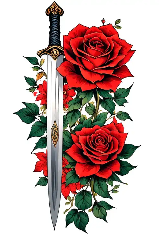 A Minimalist Design Of The Mulan Family Sword Intertwined With A Rose From Beauty And The Beast