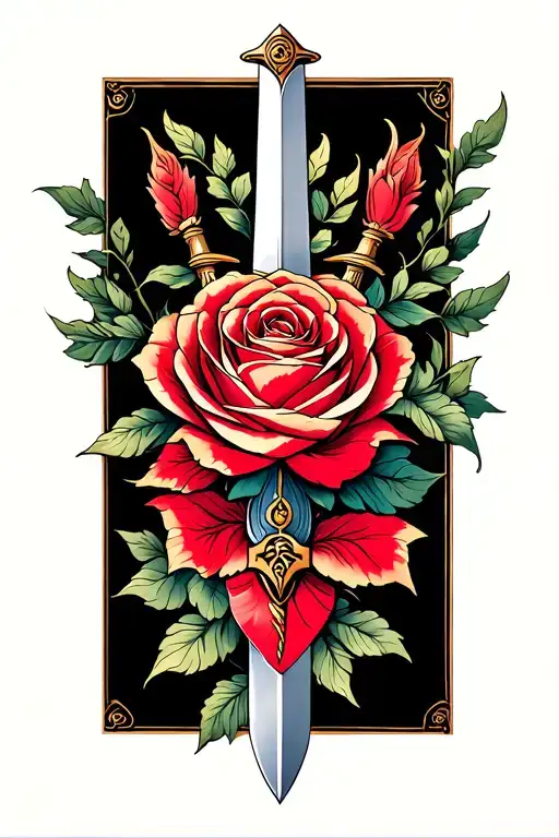 A Minimalist Design Of The Mulan Family Sword Intertwined With A Rose From Beauty And The Beast