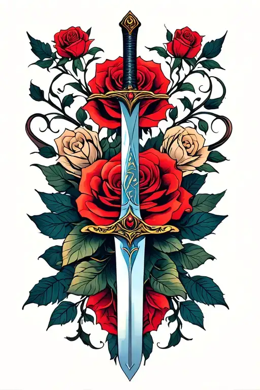 A Minimalist Design Of The Mulan Family Sword Intertwined With A Rose From Beauty And The Beast