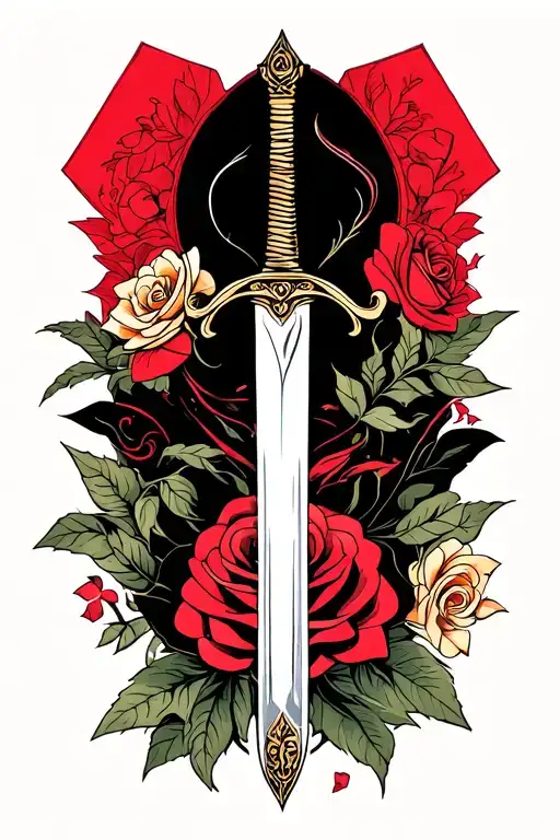 A Minimalist Design Of The Mulan Family Sword Intertwined With A Rose From Beauty And The Beast