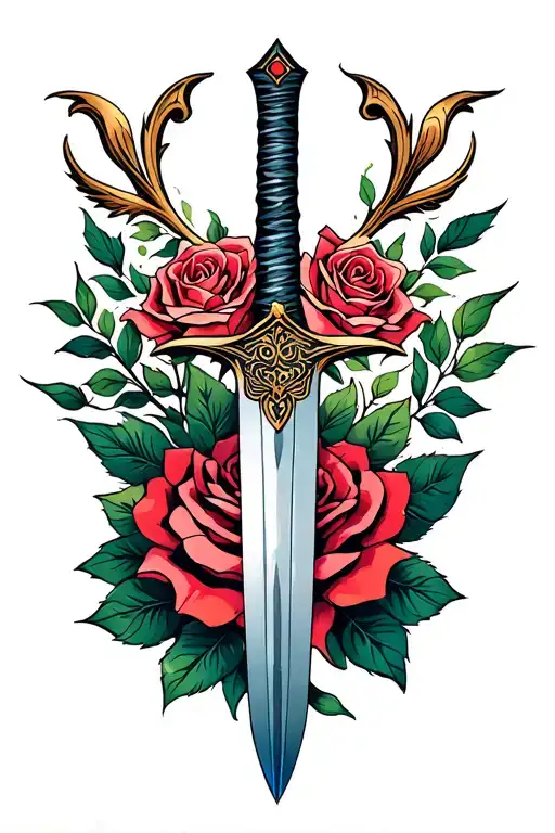 A Minimalist Design Of The Mulan Family Sword Intertwined With A Rose From Beauty And The Beast