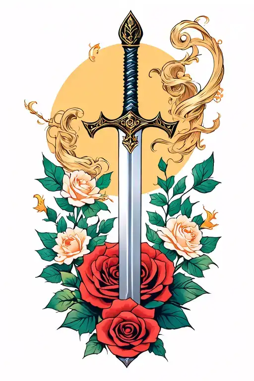 A Minimalist Design Of The Mulan Family Sword Intertwined With A Rose From Beauty And The Beast