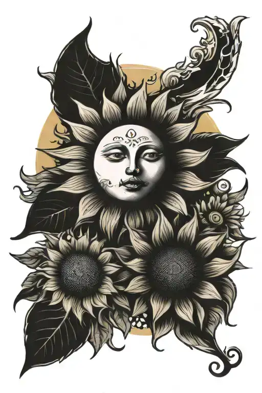 Sun And Moon On Beach With Sunflower
