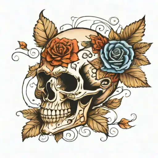 A Traditional Design Featuring A Skull Adorned With Intricate Rose And Marigold Patterns