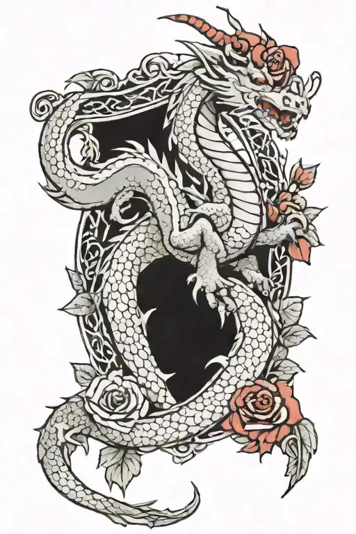 Medieval Dragon With Red Roses And Celtic Trachet In The Middle