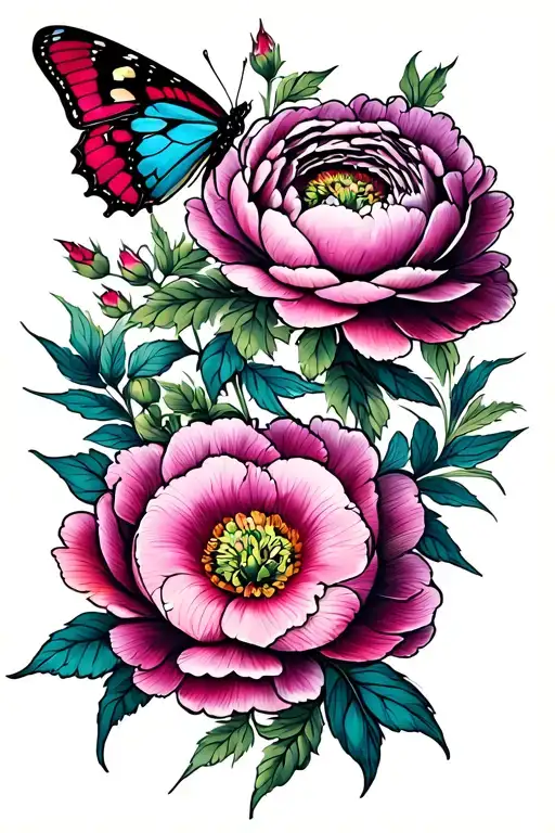 Peonies With A Little Butterfly