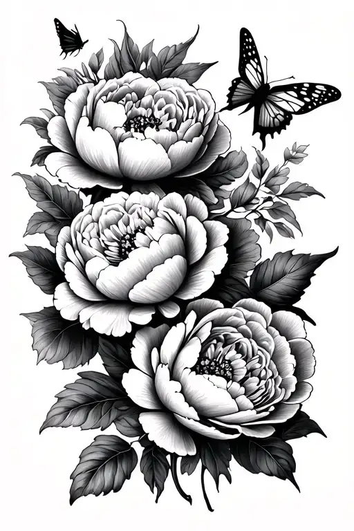 Black And White Neo Traditional Peonies With A Little Butterfly