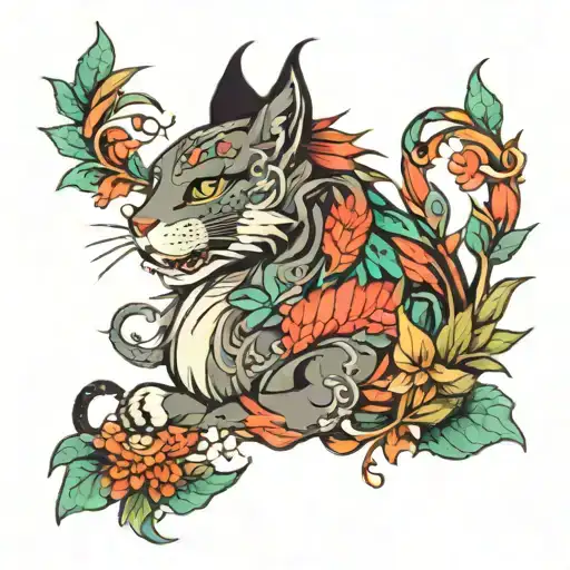 Cat Dragon With Leafs And Birds