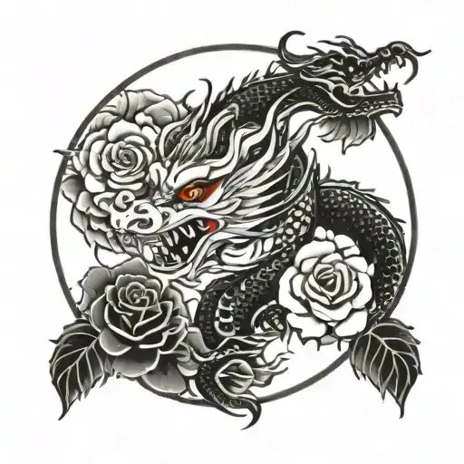 Chinese Dragon In A Circle With Roses In It