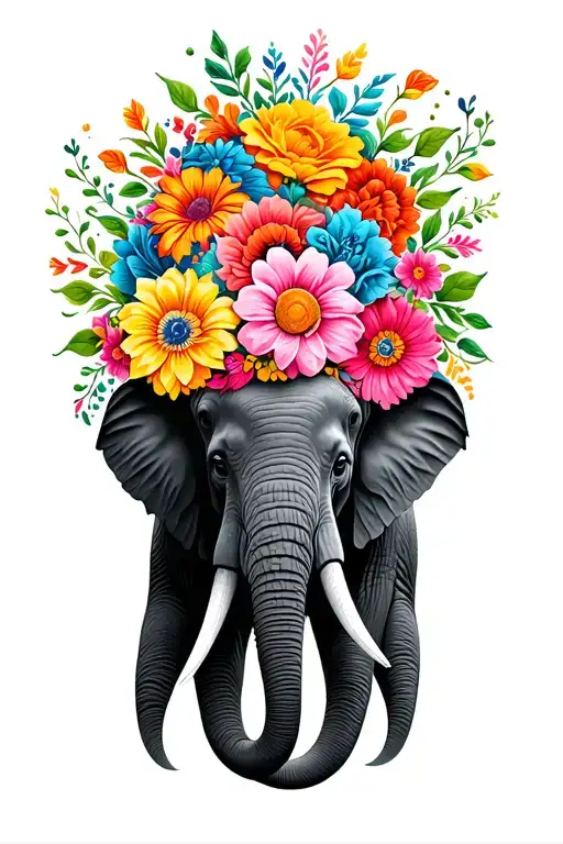 A Black Ink Elephant Engulfed By Colorful Flowers
