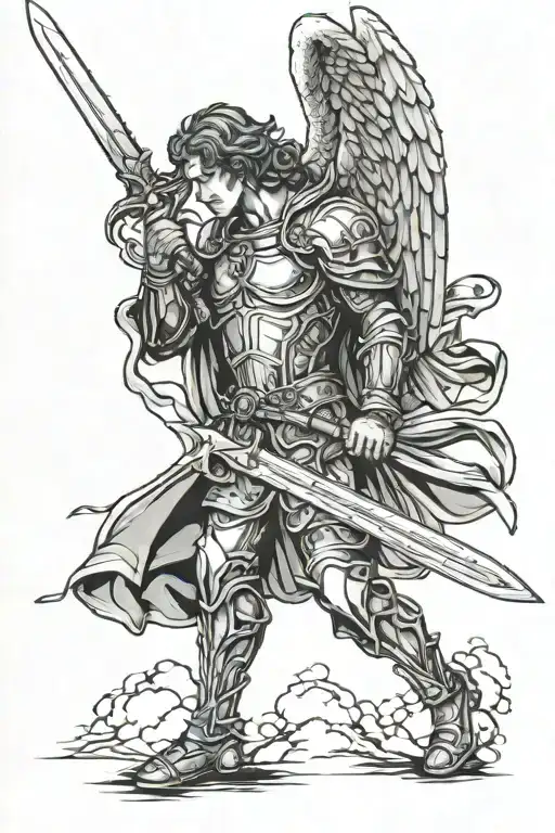 Archangel Michael Holding Sword To His Face
