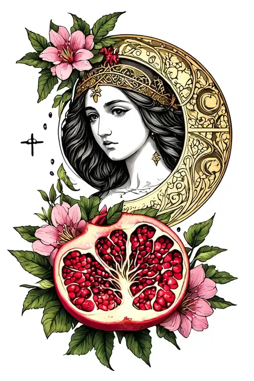 High Priestess Moon Pomegranate Flowers Gemini Symbol