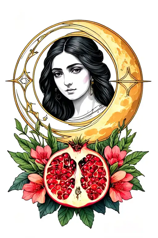 High Priestess Moon Pomegranate Flowers Gemini Symbol