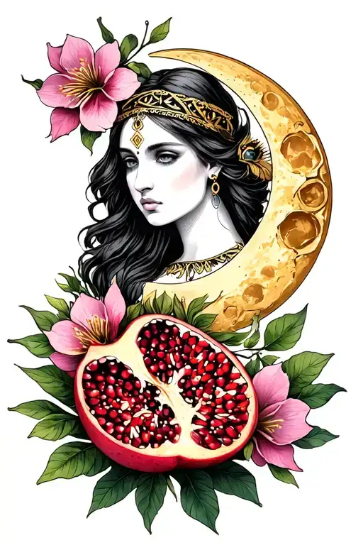 High Priestess Moon Third Eye Gemini Glyph Pomegranate Flowers