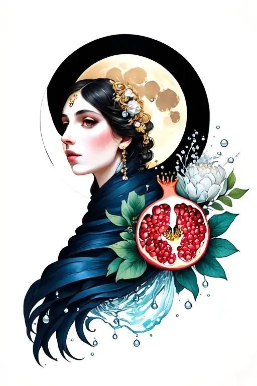 Art Nouveau High Priestess Portrait With Moon Water Pomegranate Peony Pearls Gemini Glyph