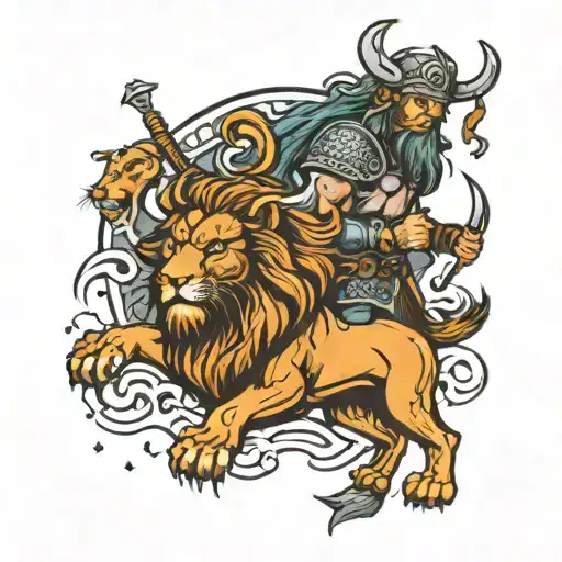 Viking And Lion Surrounded