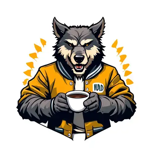Friendly Werewolf Wearing A College Jacket Holding A Cup Of Coffee