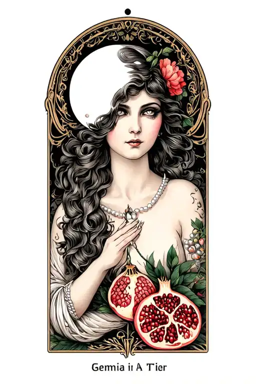 Art Nouveau Tarot Woman With White Eyes Moon Pomegranate Pearls Florals Gemini Ii Air Smoke