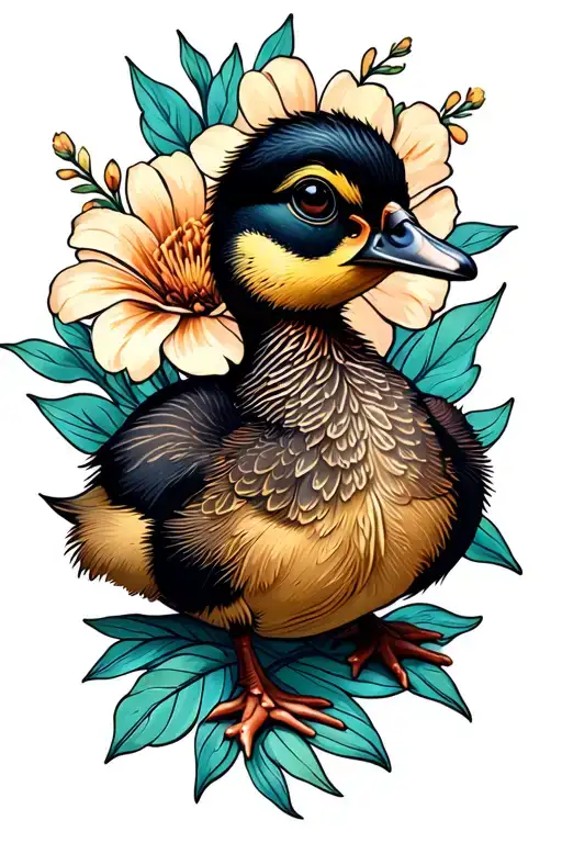 Baby Duck With Tall Flowers Behind It